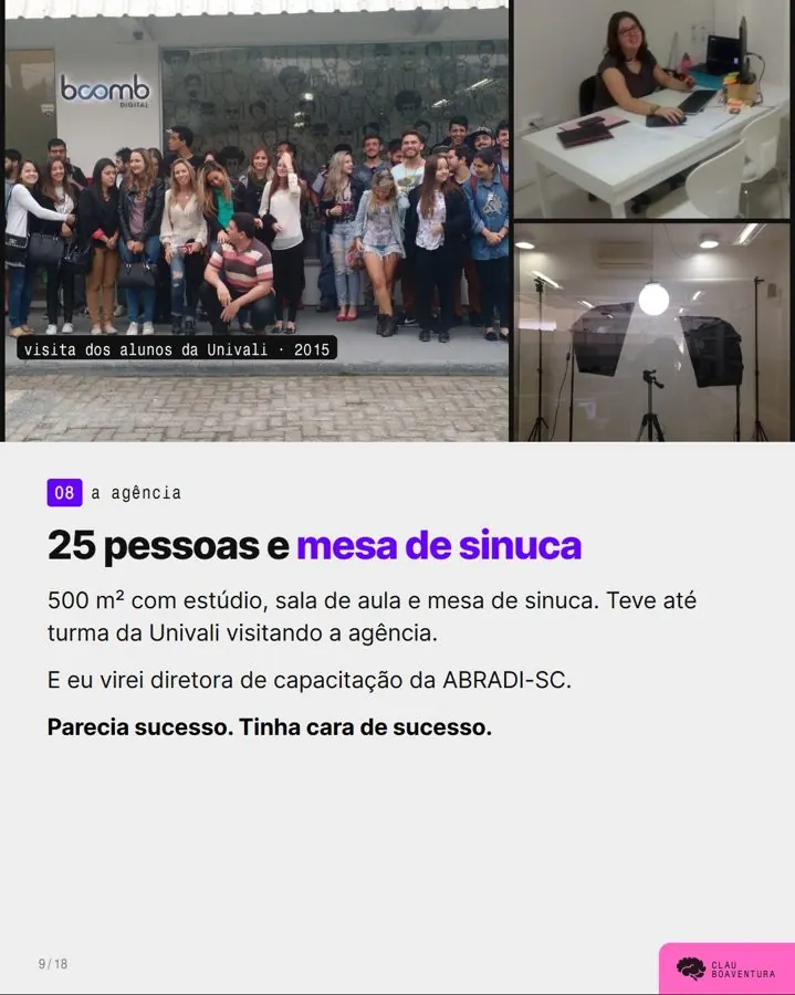 A agência com 25 pessoas, estúdio, sala de aula e diretoria de capacitação na ABRADI-SC.